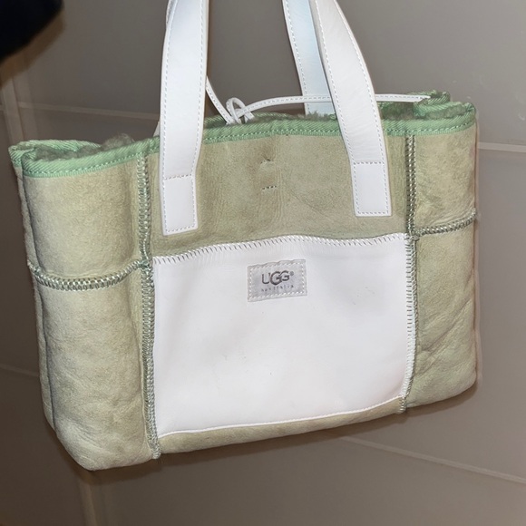 UGG Cream and Mint Shearling Tote with White Leather Pocket - Picture 4 of 4